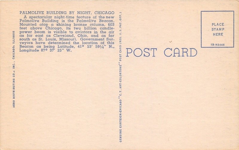 Chicago Illinois~Palmolive Building @ Night~1941 Aero Distributing Co Postcard