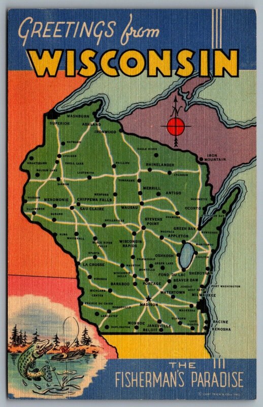 Postcard WI c1940 Greetings from Wisconsin The Fisherman’s Paradise Cropped Map