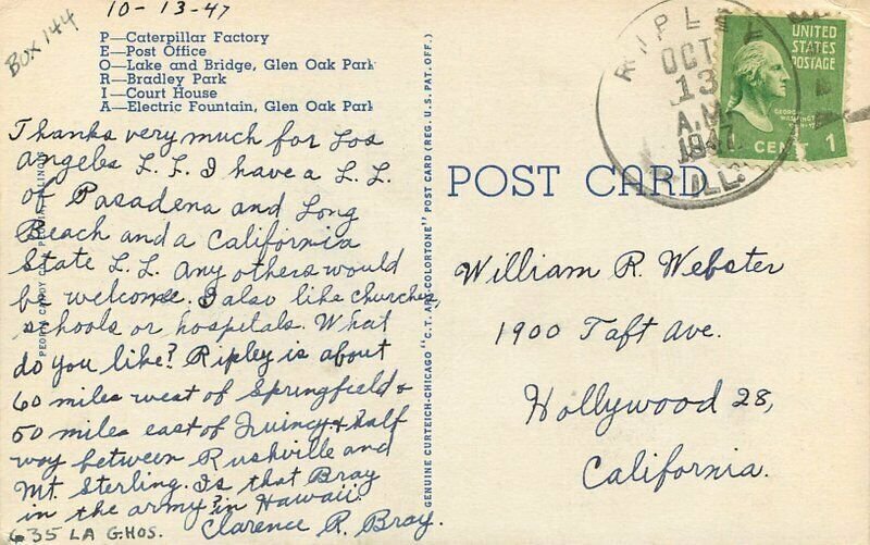 Peoria Illinois large Letters multi view Teich linen 1947 Postcard 21-10685