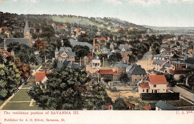 J58/ Savanna Illinois Postcard c1910 Residence Homes Portion Church  86