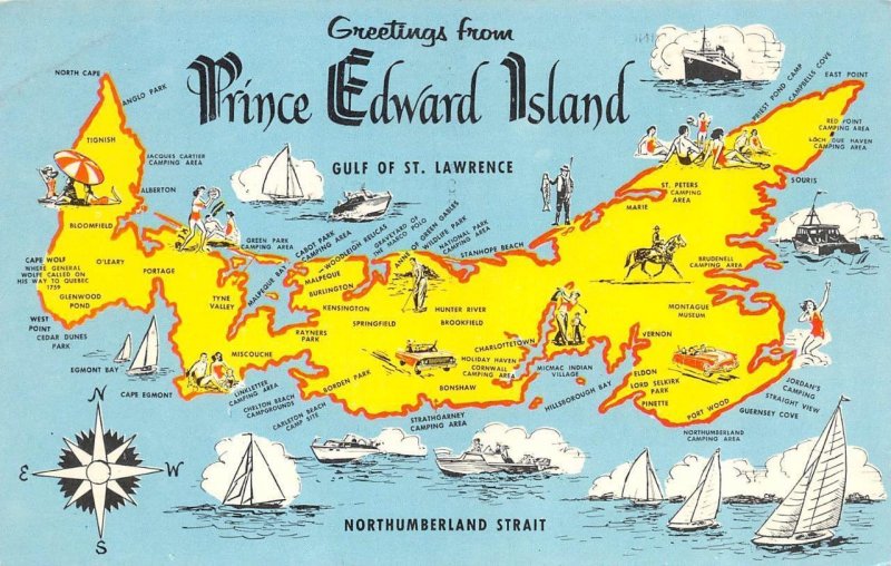 Canada  PRINCE EDWARD ISLAND Map Card Greetings  VINTAGE Chrome Postcard