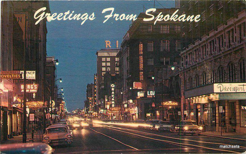 1950s Night Neon Sprauge Night Spokane Washington Smith Western postcard 9365