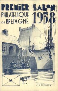 Poster Art Ships Premier Salon Bretagne Brittany Philatelic Expo 1938 Used PC