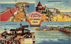 Postcard Maine Greetings from Old Orchard Beach Amusement Park LINEN 1950s V180