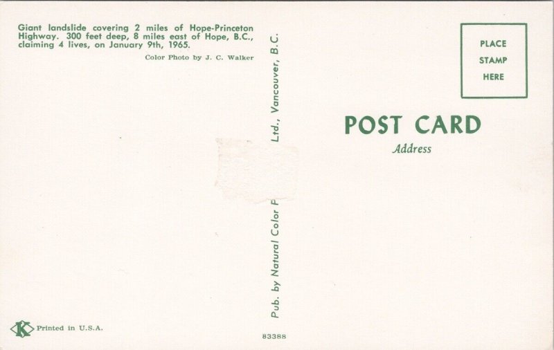 Landslide Hope-Princeton Highway near Hope BC British Columbia Postcard H32