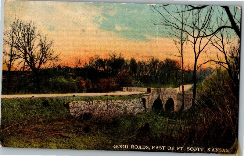 Good Roads, East of Fort Scott KS Bridge Vintage Postcard C06