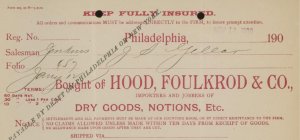 1900 HOOD, FOULKROD & CO. PHILADELPHIA PA DRY GOODS NOTIONS INVOICE 31-34 