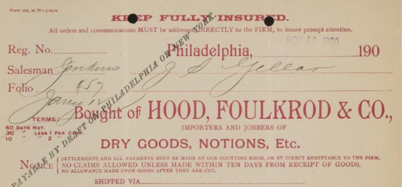 1900 HOOD, FOULKROD & CO. PHILADELPHIA PA DRY GOODS NOTIONS INVOICE 31-34 