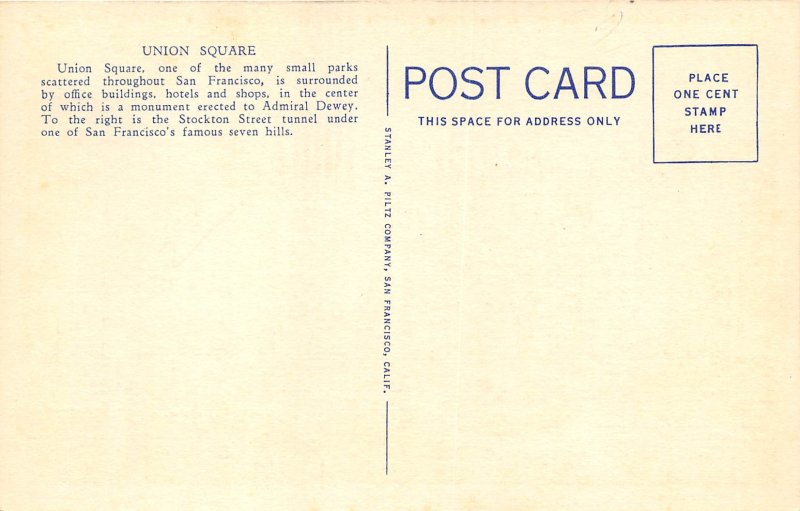 San Francsico California 1940s Postcard Union Square Shopping District