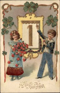 New Year Little Boy and Girl Embossed Gilt c1910 Vintage Postcard