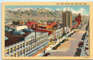 Salt Lake City Utah~Main Street Bird's Eye View~ZCMI~1940s Linen Postcard A62