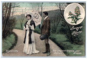 Language Of Flowers Postcard Couple Romance Mignonette c1910's Posted Antique