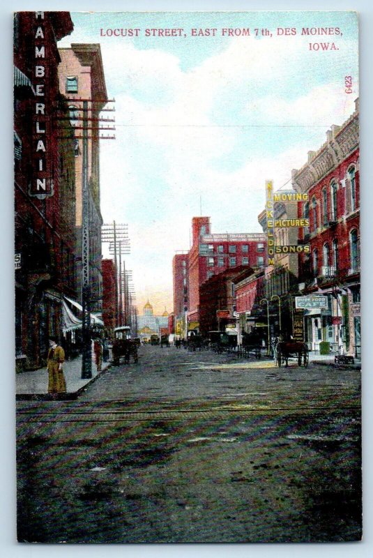 Des Moines Iowa IA Postcard Locust Street East 7th Exterior View Building c1910