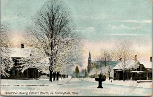 Vtg South Framingham MA Concord Street View Catholic Church Snow 1910s Postcard