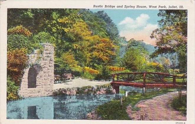 Illinois Joliet Rustic Bridge and Spring House In West Park Curteich