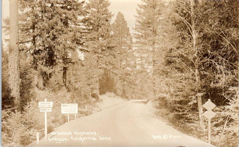 RPPC  REDWOOD HIGHWAY, CA California/Oregon BORDER c1930sPatterson #900 Postcard