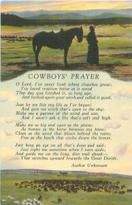 Cowboy's Prayer Cowboy and Horse  Linen Postcard Unused