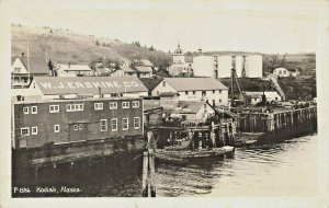 Kodiak AK W. J. Erskine Co. Docks Boat Real Photo Postcard