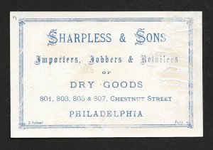 VICTORIAN TRADE CARD Sharpless Dry Goods Man Rifle Dog in Dog House