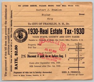 1930  Franklin  New Hampshire  Real Estate Tax  Herbert Peaslee  Document