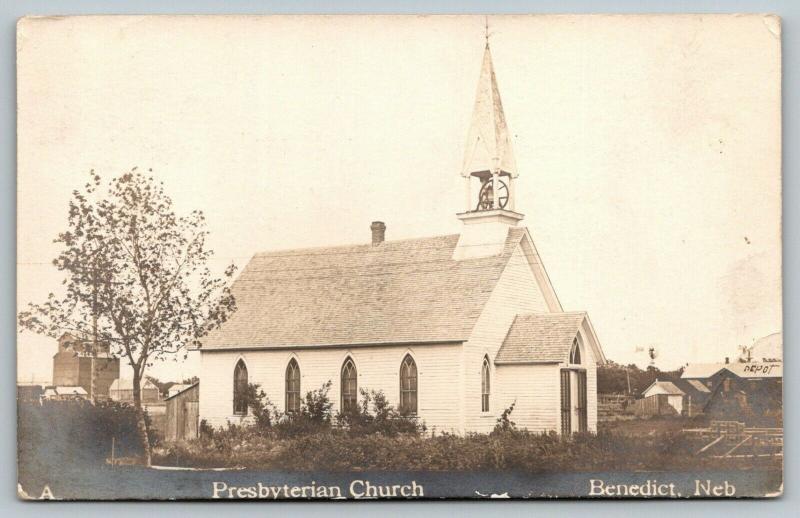 Benedict NebraskaPresbyterian ChurchDepot on RightElevator on Left1911 RPPC