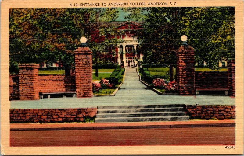 Vtg 1940s Entrance To Anderson College South Carolina SC Linen Postcard