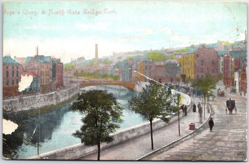 VINTAGE POSTCARD POPE'S QUAY & NORTH GATE BRIDGE AT CORK IRELAND c. 1910