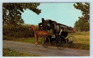 STRASBURG, PA ~ RAILROAD TRAIN & AMISH BUGGY c1960s Lancaster County Postcard