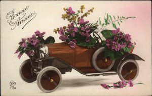 Bonne Annee Birthday Classic Car Flowers Tinted Real Photo Vintage Postcard