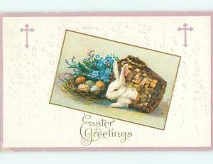 Divided-Back easter BUNNY RABBIT IN HOLE IN WICKER BASKET r3217