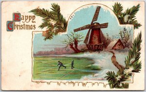 1909 Happy Christmas Landscape Windmill Greetings And Wishes Posted Postcard