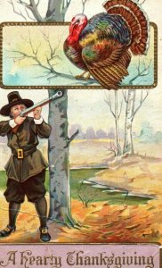 Thanksgiving Turkey Pilgrim Gun Vintage Postcard c.1910