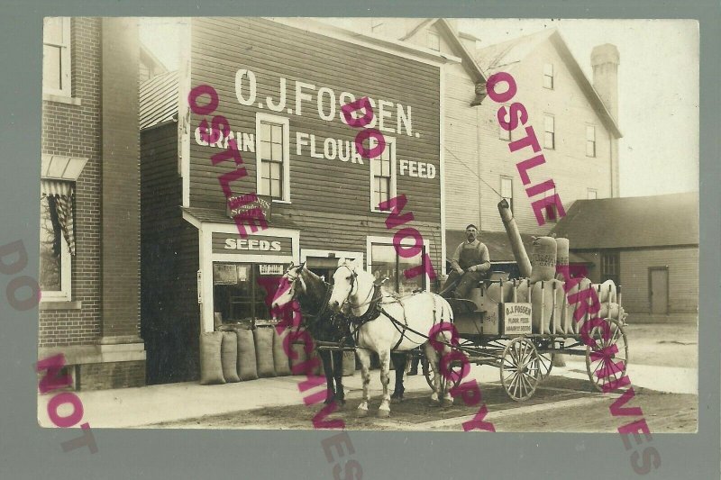 Fergus Falls MINNESOTA RPPC 1910 ADVERTISING Feed FLOUR DELIVERY WAGON OJ Fossen