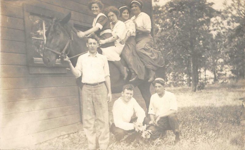 RPPC Four Girls On Horse Edwardian Era ca 1910s Vintage Real Photo Postcard