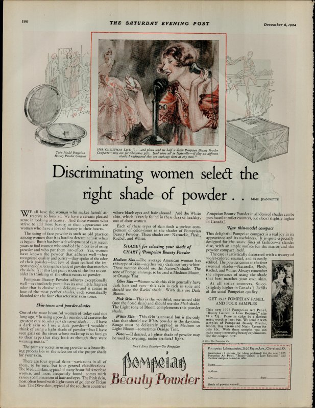 1924 Pompeian Beauty Powder Women Select thr Right Shade Vintage Print Ad 3946
