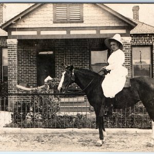 1910s Beautiful Young Lady RPPC Horse Brick House Real Photo Cute J Hartman A171