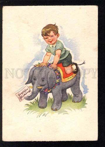 3034158 Cute Boy on Young ELEPHANT. Vintage color PC