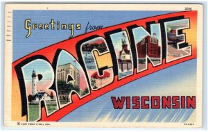 Large Letter Linen RACINE, Wisconsin WI ~ 1950  Curteich Postcard