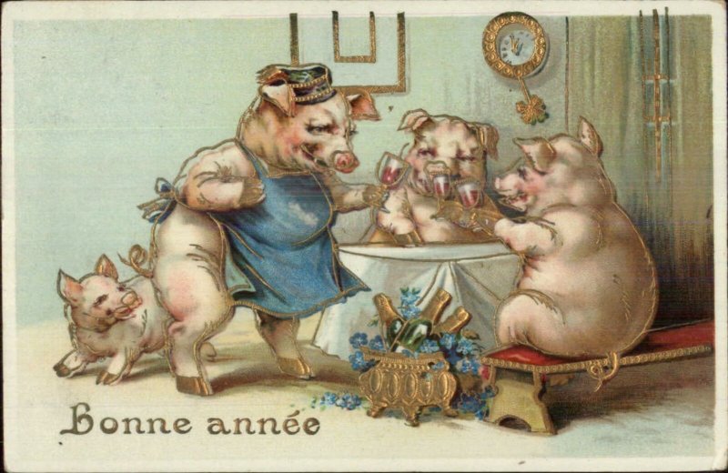 New Year - Anthropomorphism Pigs Drinking Wine Gold Inlay Postcard c1910