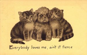 c. 1912, Two Kittens and a Dog,Everybody Loves me, aint' it fierce Old Post Card