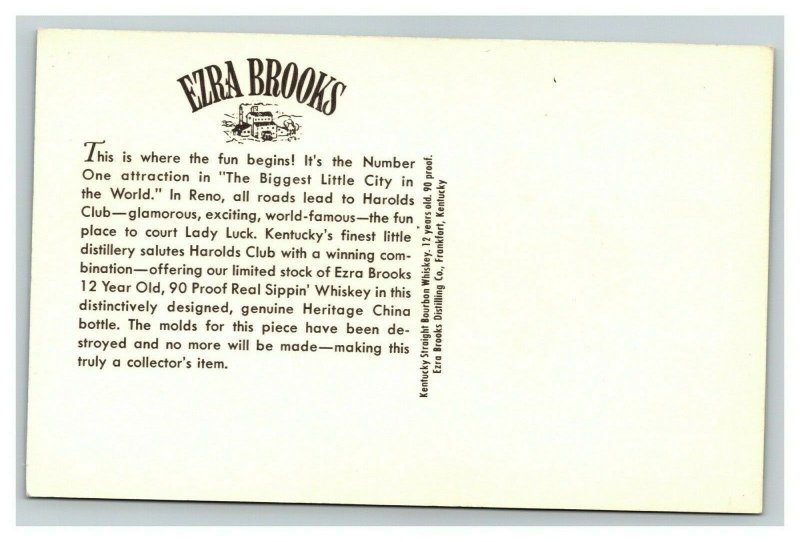 Vintage 1960's Advertising Postcard Ezra Brooks Bottle Harolds Club Reno Nevada