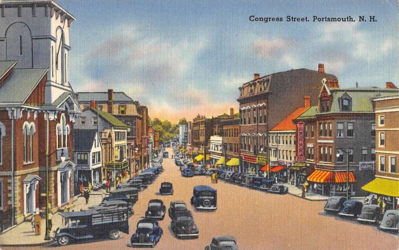 Portsmouth New Hampshire Congress Street Scene Vintage Postcard K98472