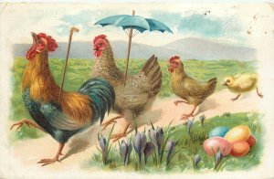 Embossed Tuck Easter Postcard 111 Chicken Family Parade Rooster Hen Pullet Chick
