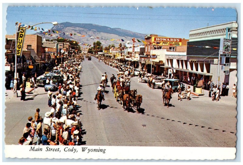 c1950's Main Street Sheridan Avenue Cody Wyoming WY Horse Parade Postcard