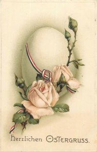 Germany World War 1914-1918 Easter greetings postcard embossed egg roses & flag