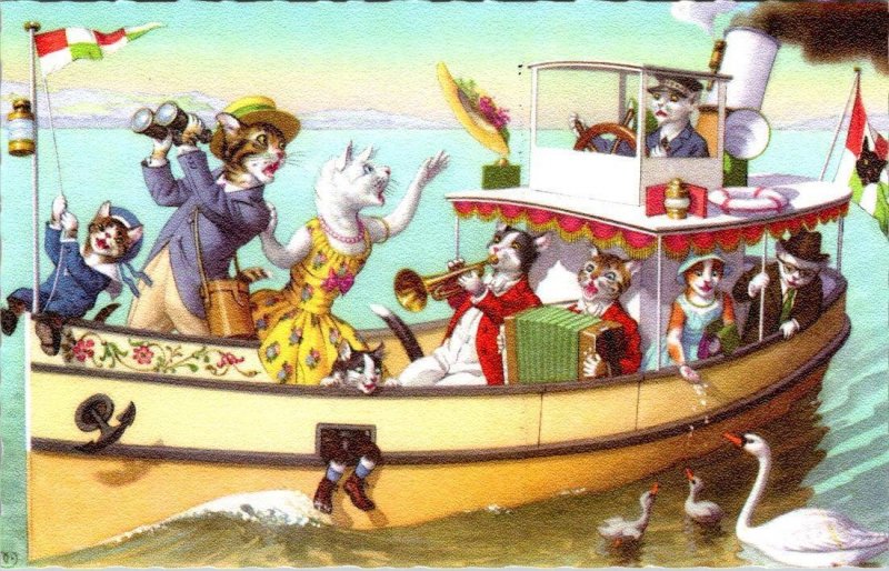 MAINZER  Dressed Cats #4911  BOAT TRIP~MUSIC  Anthropomorphic  BELGIUM  Postcard