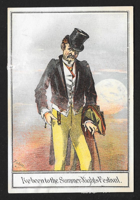 VICTORIAN TRADE CARD Disheveled Man 'Ive been to the Summer Nights Festival'