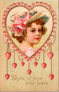 Be My Valentine Young Girl With Red Hearts 1908