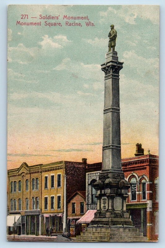 Racine Wisconsin Postcard Soldiers Monument Square Statue c1910 Vintage Antique