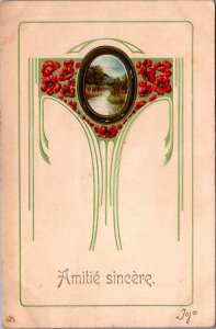 Art Nouveau Landscape Amitié Sincère Embossed Postcard C139